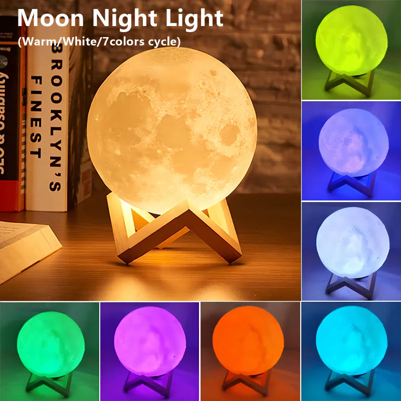 3D Moon Lamp – LED Galaxy Night Light with Wooden Stand